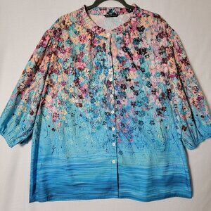 C.O.Z.Y Tunic Top Womens Sz 3X Button Front 3/4 Puff Sleeve Blue Floral Print